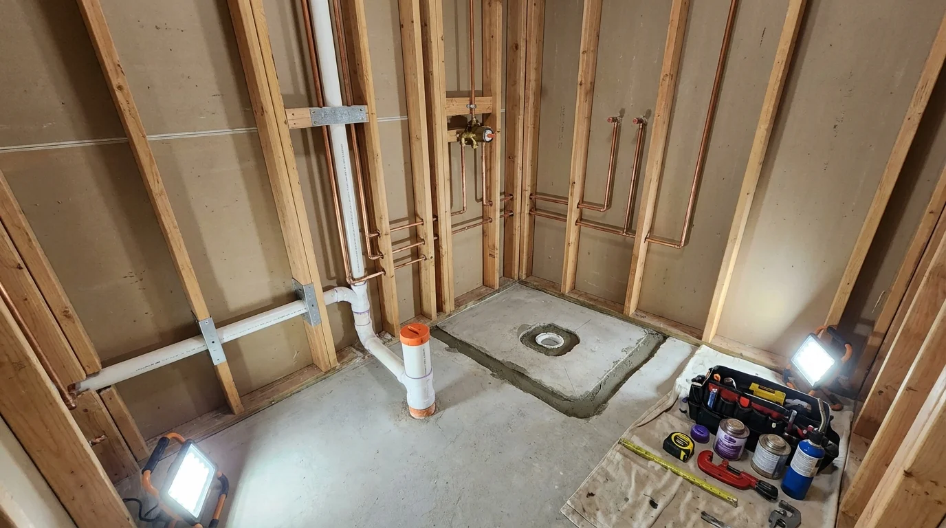 Bathroom rough-in plumbing during remodel by Johns Plumbing LLC in Shiloh