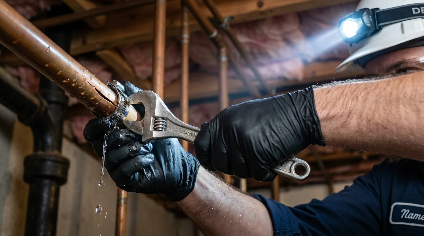 Emergency pipe clamp repair being performed by a Johns Plumbing LLC plumber in Shiloh