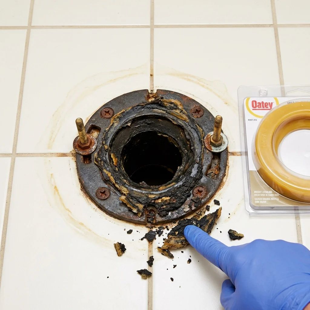 Failed wax ring showing water seepage at the base of a toilet in a Shiloh, OH home